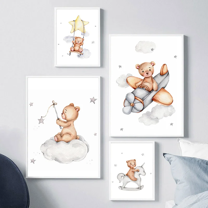 Nordic Bear Cloud Moon Star Wall Decor Art Painting on Canvas Room Decor Print Pictures Anime Posters for Infant Baby Bedroom