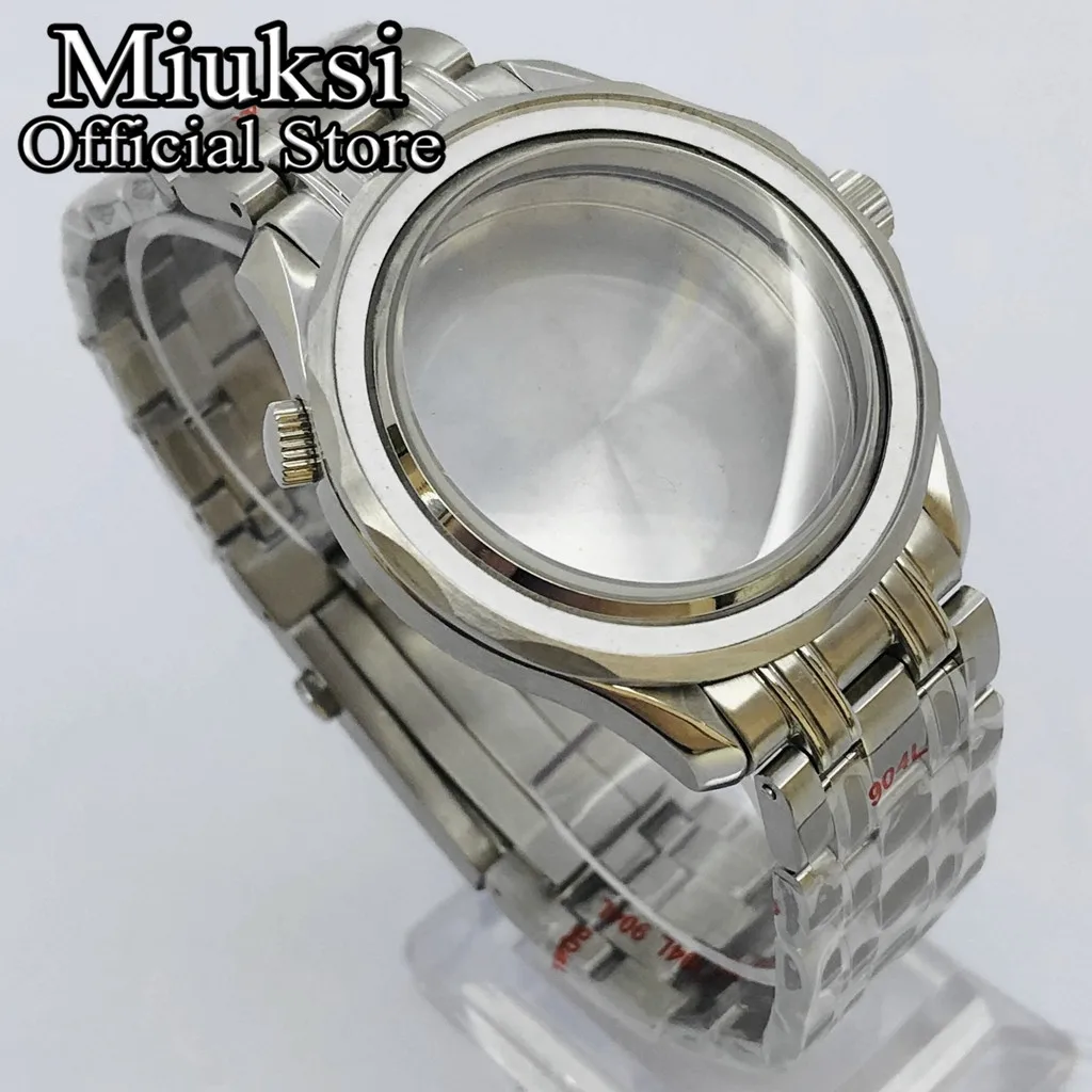 Miuksi 41mm silver sterile watch case sapphire glass fit NH35 NH36 ETA2824 2836 Mingzhu DG2813 3804 Miyota 8205 8215 movement