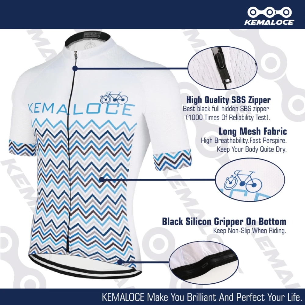 KEMALOCE Bike Jersey Classical Team Breathable Coolmax White Dry Fit Cycle Shirt Top Short Sleeve Race Bike Wear Uniforms