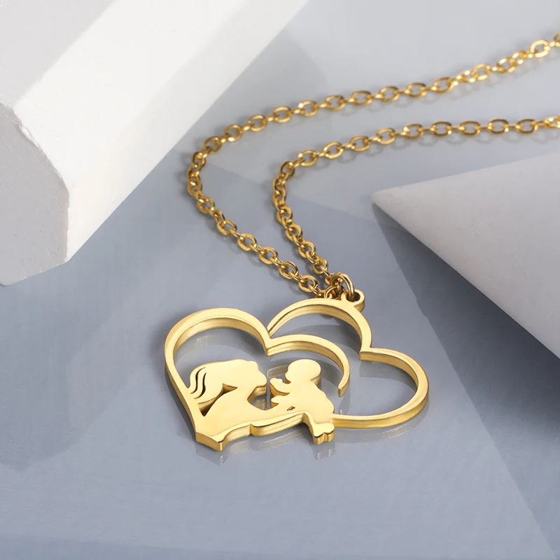 Women\'s Baby Mom Stainless Steel Gold Color Chain Necklace Double Love Heart Necklace Mujer Mother\'s Day Christmas Gift Jewelry