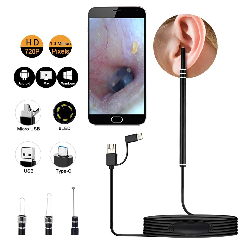 

Medical In Ear Cleaning Endoscope Spoon Mini Camera Ear Picker Ear Wax Removal Visual Ear Mouth Nose Otoscope Support Android PC