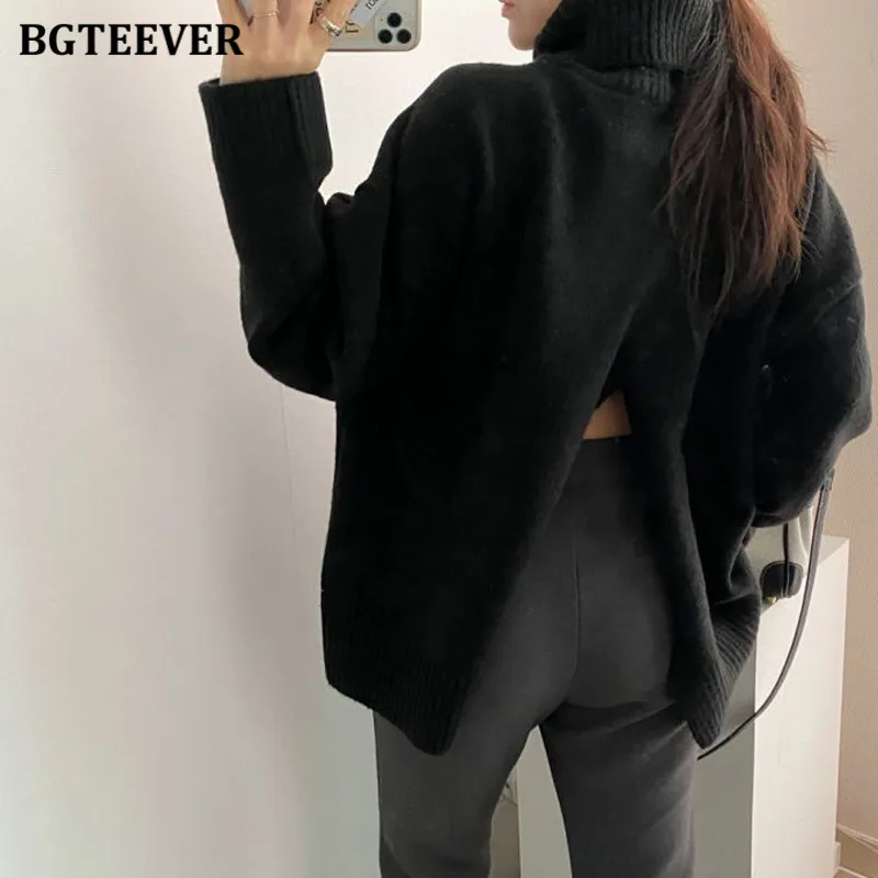 BGTEEVER Elegant Solid Turtleneck Sweaters for Women Casual Long Sleeve Front Split Female Knitted Pullovers 2021 Autumn Winter