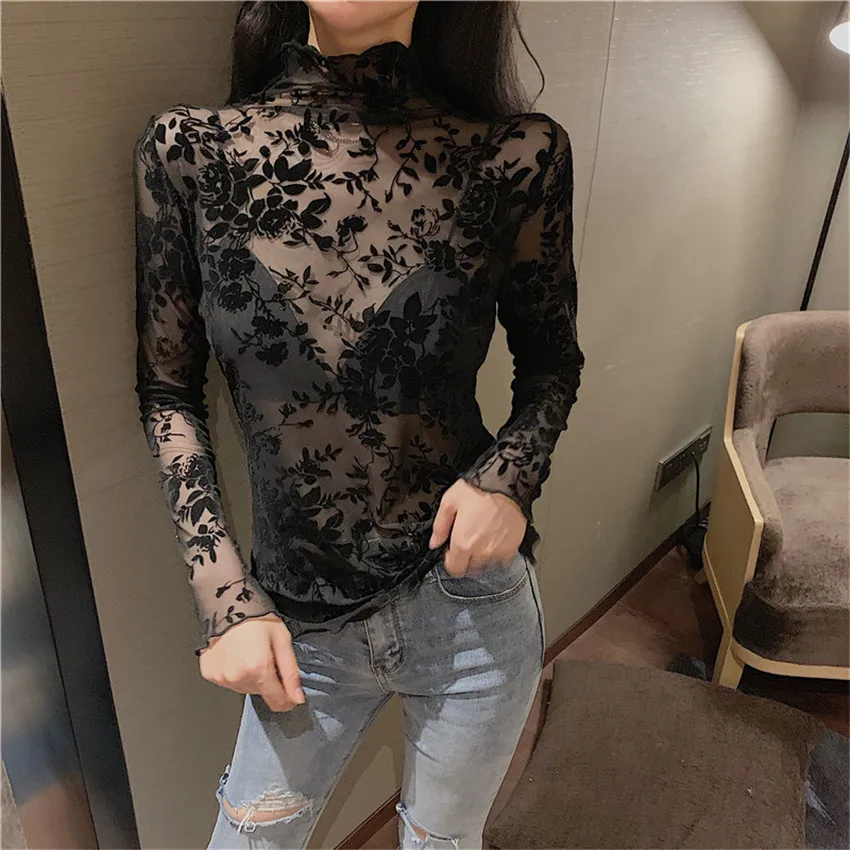 Gowyimmes Spring Sexy Girl Floral Lace Shirt Sexy Women Hollow Out Mesh Blouse Lady Long Sleeve Blusas Basic Tops Pullover 701