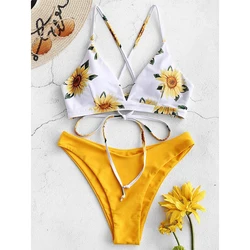 Conjunto de Bikini con estampado de girasoles, traje de baño Sexy para Mujer, Bikini acolchado con realce, bañadores, traje de baño estilo vendaje, Bikini 2025