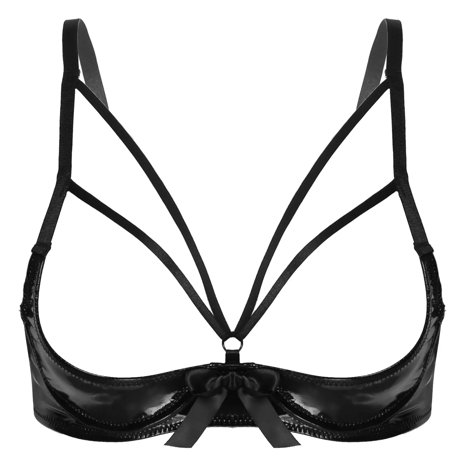 Women Strappy Open Cup Patent Leather Bowknot Underwired Bra Tops Adjustable Shoulder Strap Brassiere Lingerie Underwear