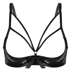 Damska erotyczna seksowna bielizna ze skóry lakierowanej stanik bez miseczek topy Wetlook otwarte kubki Bowknot fiszbiny biustonosze Tank Bralette krótkie bluzki