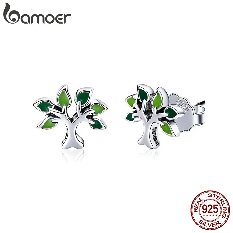 BAMOER 100% 925 Sterling Silver Tree of Life Stud Earrings Tree Leaves Leaf Earrings for Women Fashion Silver Jewelry SCE409