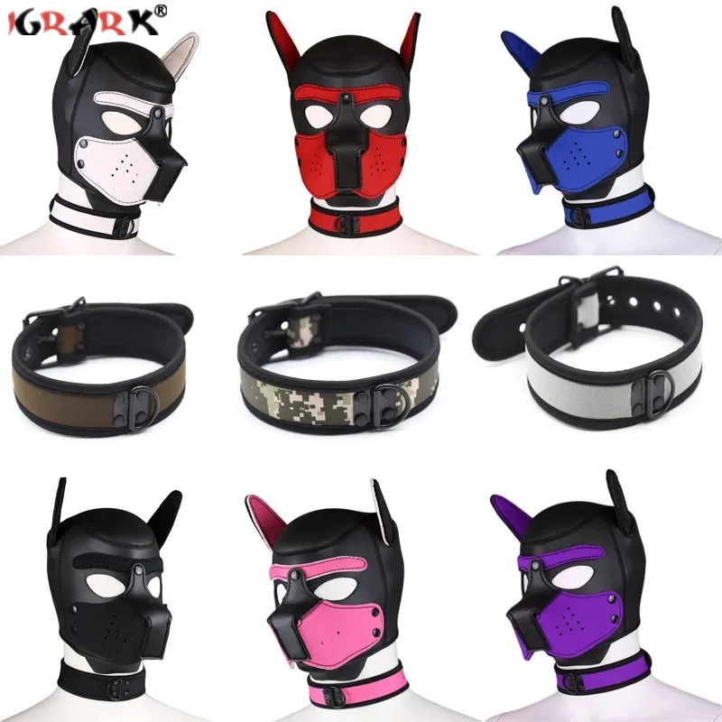 Máscaras de fiesta Pup Play, capucha de perro, cuello Sexy, Kit de Bondage BDSM, Cosplay, cabeza completa, orejas, máscara de Halloween, juguete sexual para parejas