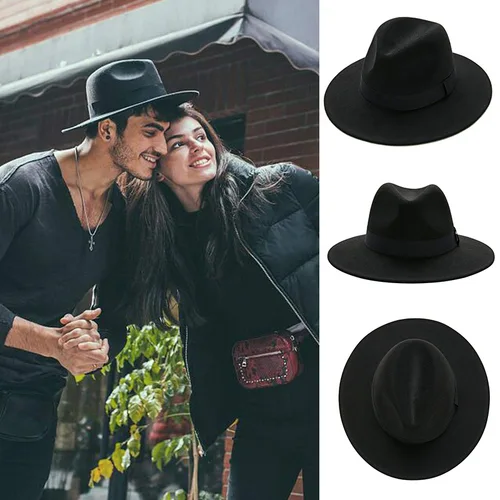 Envío Gratis sombrero fedora negro unisex ala ancha jazz sombrero de copa Otoño Invierno clásico elegante sombrero de Panamá sombrero de caballero al por mayor