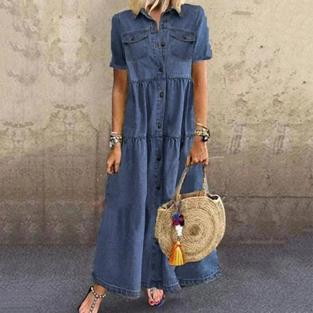 Vestido vaquero largo de manga corta para mujer, ropa informal con bolsillos y botones, estilo Retro