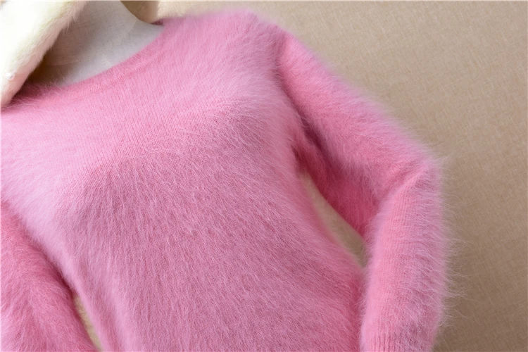 ladies women sweet pink hairy mink cashmere o-neck short style slim pullover angora rabbit fur winter jumper sweater tops blouse