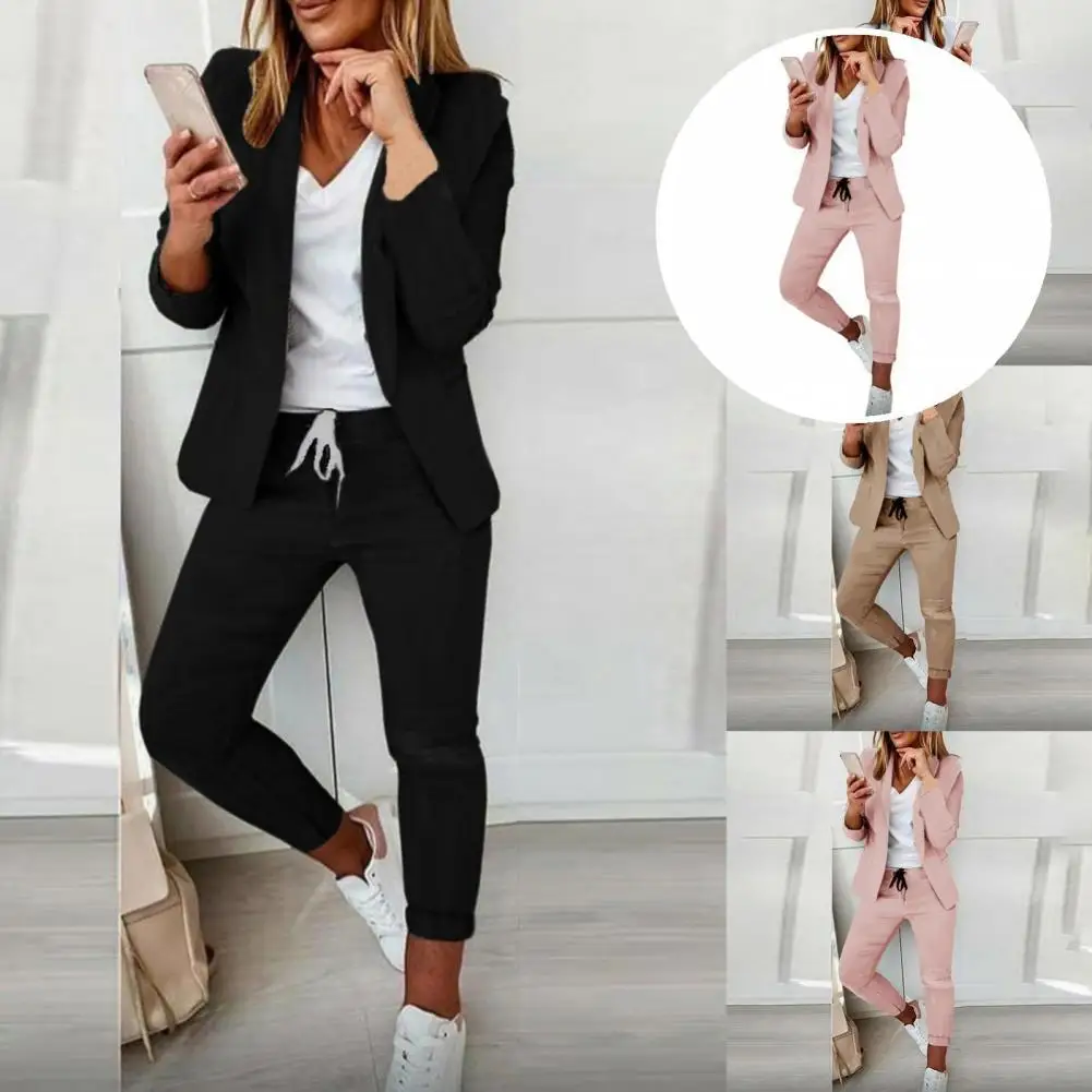 Ladies 1 Set Attractive Open Stitch Blazer Elastic Waist Trousers Autumn Winter Formal Suit Set Long Sleeve   for Office