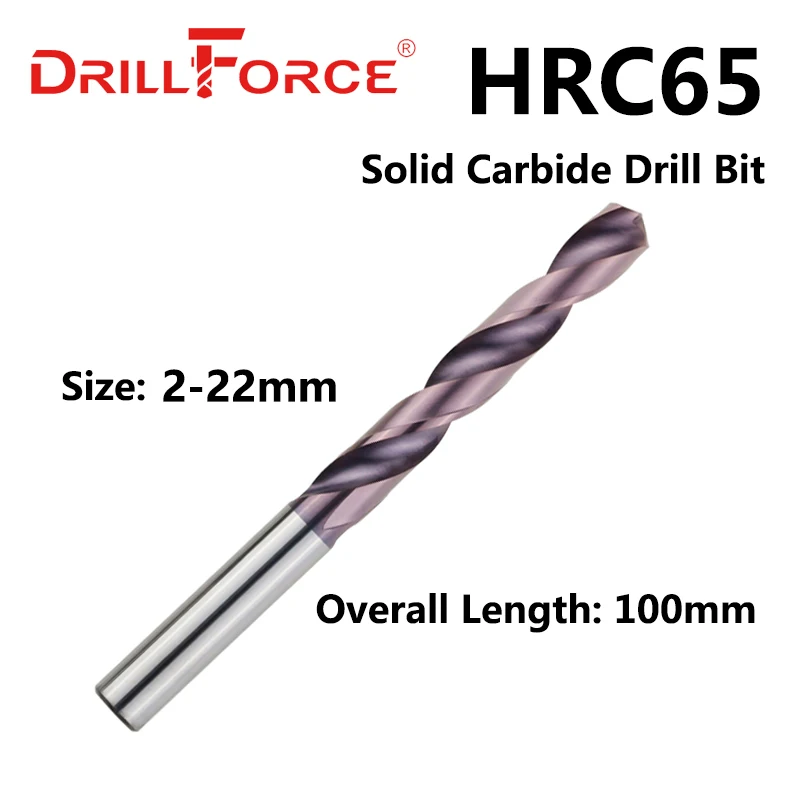 Drillforce 1PC 2mm-22mmx100mm OAL HRC65 Solid Carbide Drill Bits Set, Spiral Flute Twist Drill Bit For Hard Alloy Stainless Tool