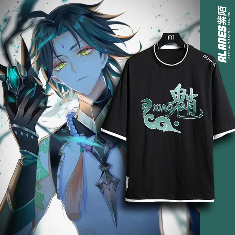 Male Xiao Genshin Impact Xiao Manga cosplay Short Sleeve Cotton Trendy T-shirt Japan Anime Game Tee Tops Oversized Clothes suits