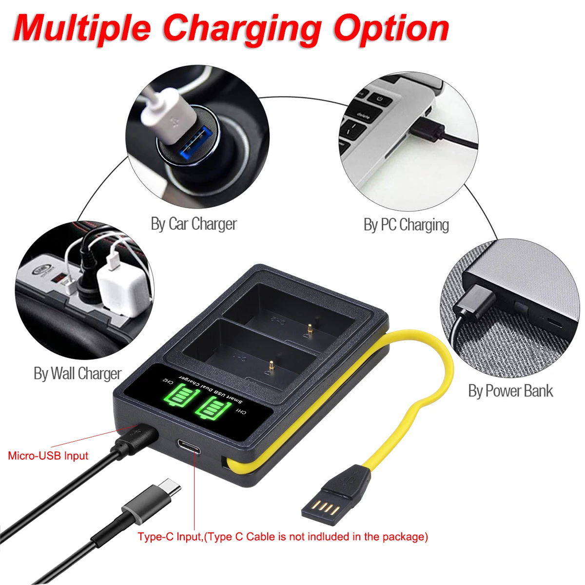 EN-EL20 EN-EL20a Battery Charger with Build-in USB and Type-c Port for Nikon coolpix P1000, Coolpix P950, 1 j1, 1 J2, 1 V3