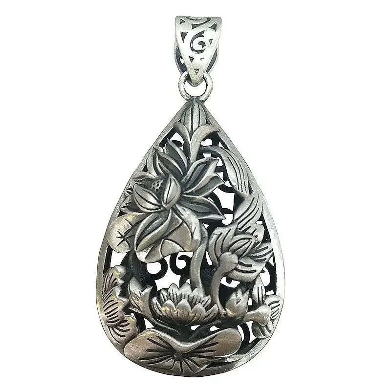 

BOCAI New S990 Pure Silver Retro Matte Rich Flowers Hollow Water Drops Lotus Trendy Women's Pendant