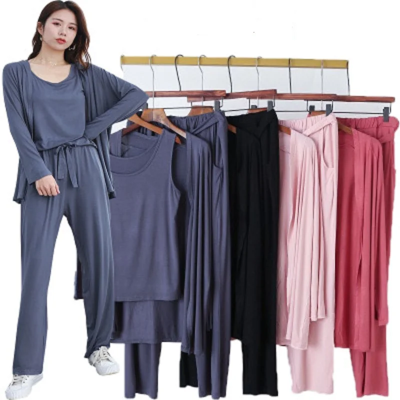 3 Pieces Pajamas Set Long Sleeve Modal Casual Loose Spring Autumn Sleepwear Soft Home Wear Women