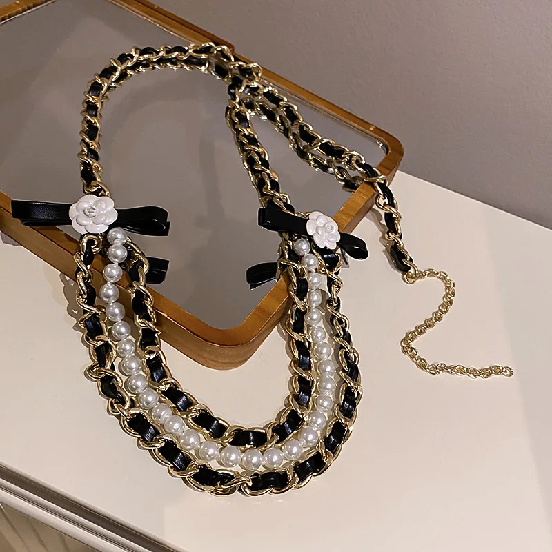 Korea Trendy Taille Kette Kamelie Perle Leder Zubehör für Frauen Party Geschenk – Detail 4
