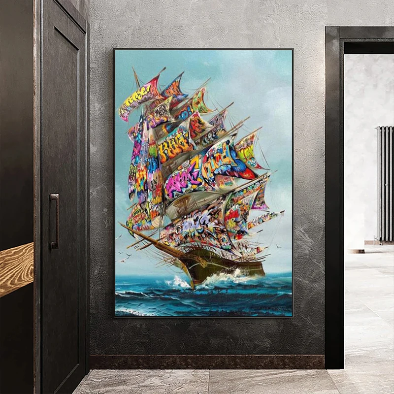 Storm on The Sea Graffiti Art Pirate Ship Vintage Canvas Painting Posters and Prints Living Room Art Wall Decoration Painting