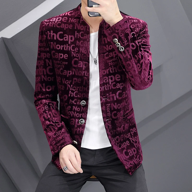 

Purple Velour Elegant Mens Blazers Slim Fit Velvet Claret Jackets Mandarin Collar China Stylish Clothing New Fashion Brown Prom