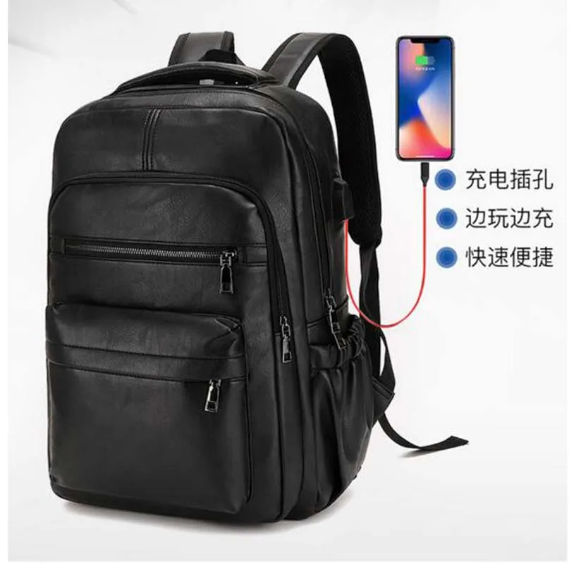 Wholesale New Men High Quality Leather Business Backpack Large Capacity School Bag USB Laptop Bag Casual Travel Shoulder Bags