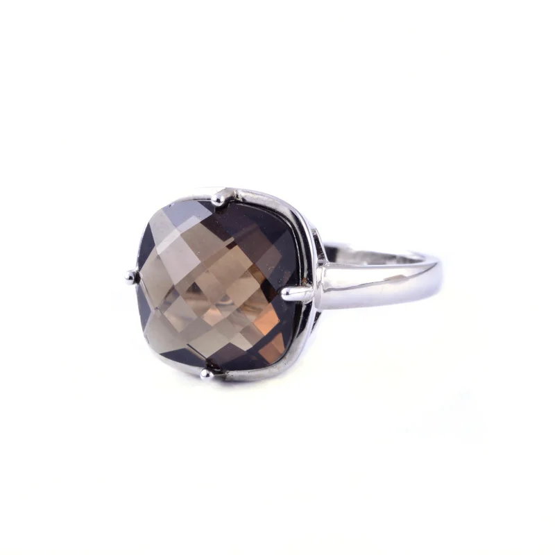 CSJ Smoky Quartz Rings Sterling 925 Silver Natural Gemstone Cushion 12mm  Women Lady Wedding Engagment Party Gift Box