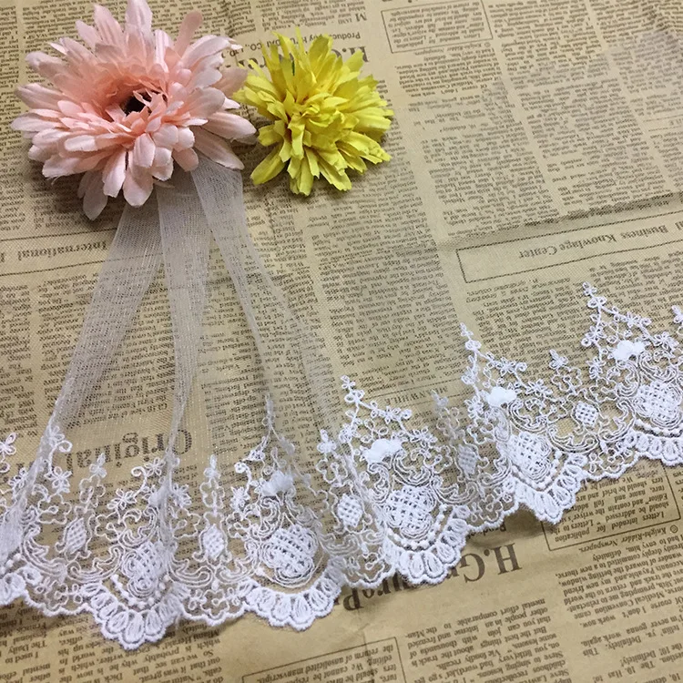 18CM Wide Luxury Tulle White Mesh Cotton Embroidered Flowers Lace Applique Wedding Dress Collar Trim Headveil DIY Sewing Decor