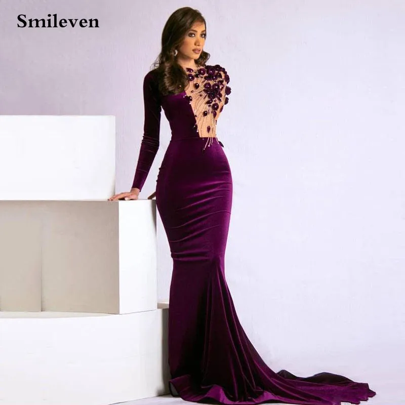 Smileven Caftan Purple Mermaid Evening Gowns Velvet Long Sleeve 3D Flowers Formal Party Dress Longo Prom Dresses Illusion Style