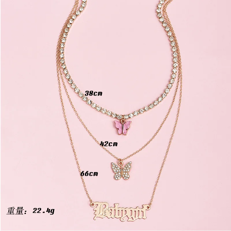 HI MAN Bohemian Simple Letter Multi-layer Necklace Women Pavé Crystal Butterfly Pendant Fashion Generous Travel Leisure Jewelry