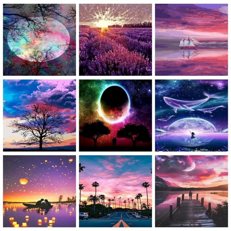 PhotoCustom Acrylic Paint By Numbers Moon Scenery DIY 60x75cm Oil Painting By Numbers Landscape Digital Canvas Painting Decor