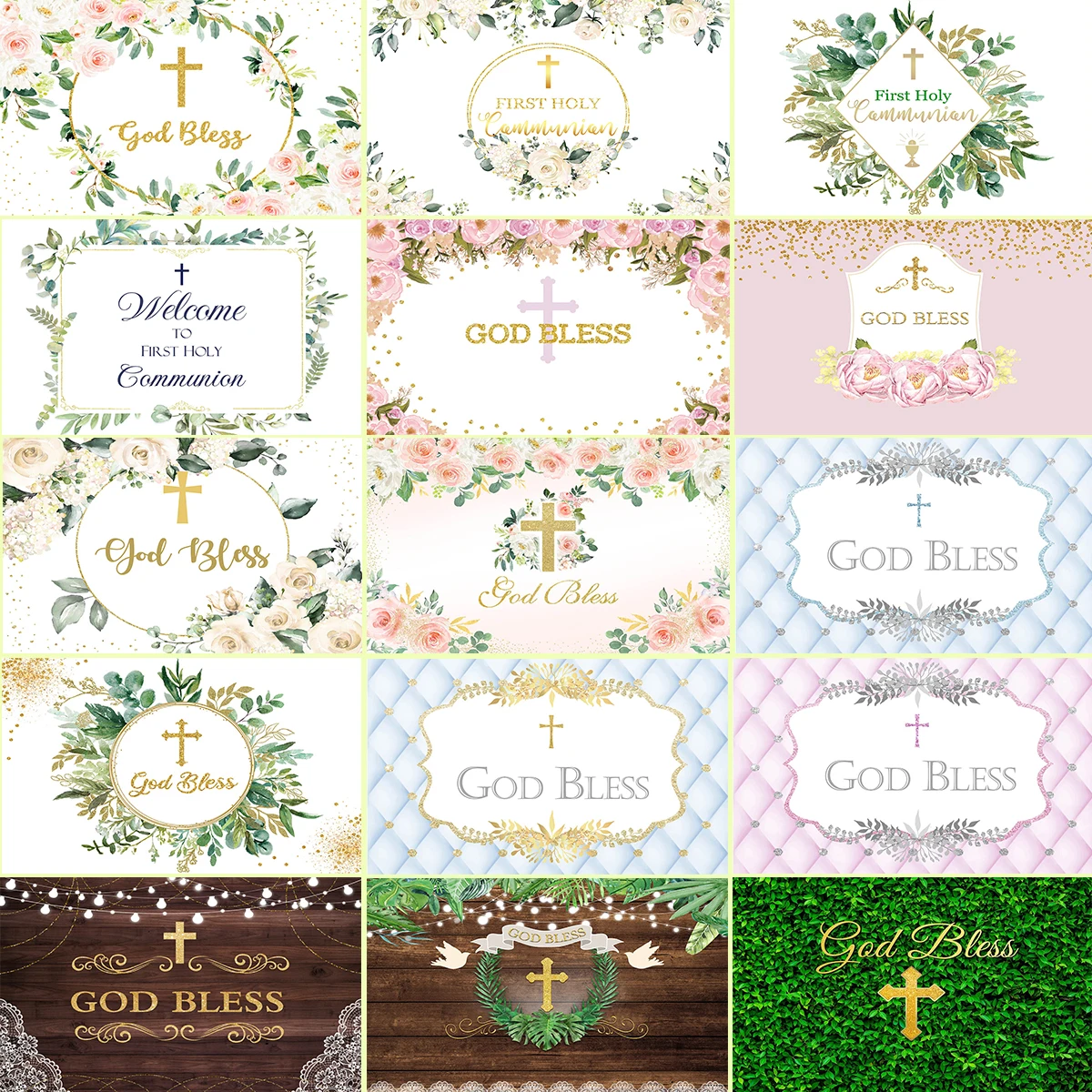 

Baby Baptism Backdrops Newborn God Bless Child Party Decor First Holy Communion Plants Gold Birthday Background Photostudio