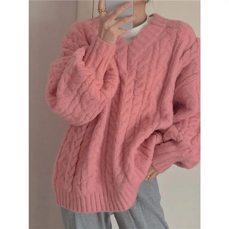 Pullovers Women V-neck Pink Sweaters Baggy Student Sweet Tender Twist Knitwear Preppy Style Cozy Outwear Jumpers New Ulzzang Ins