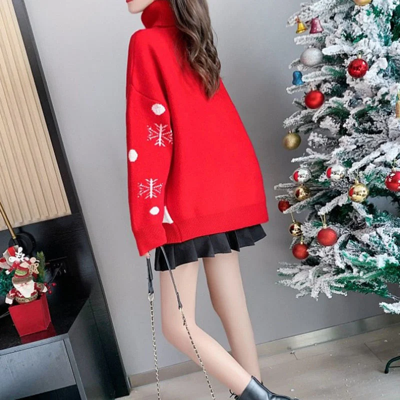 2022 New Year Christmas Clothing Women\'s Autumn Winter Turtleneck Sweater Fashion Red Plus Size Dresses T Shirt For Women Casual