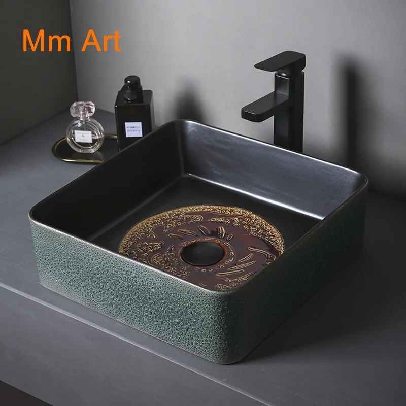 

New Chinese stage basin square ceramic washbasin bubble glaze personality creative art bathroom bathroom washbasin