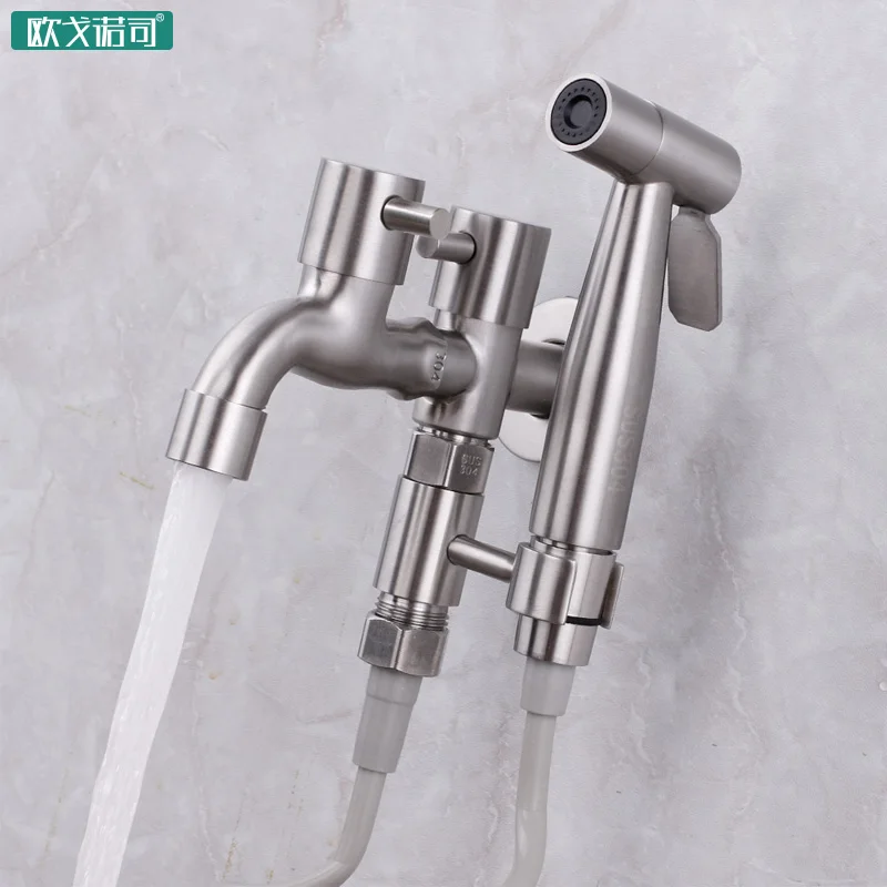 

Wall mount 304 stainless steel 2 in 1 multi function two water oultet kitchen faucet sink tap has sprayer water gun