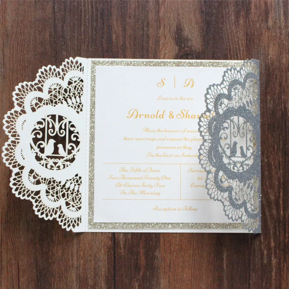 Glitter Silver Invitations Bridal Shower Wedding Customized Insert Card With Glittery Border Floral Laser Design 50 Sets