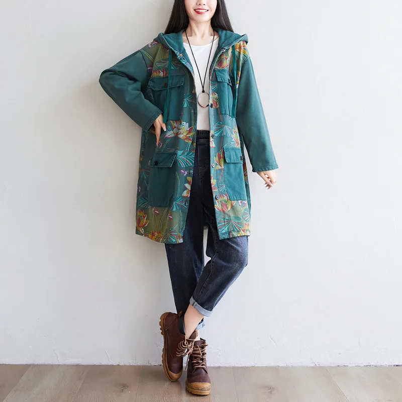 Female new autumn and winter artistic printing plus size washed multi-pocket hooded outerwear slim and loose trench