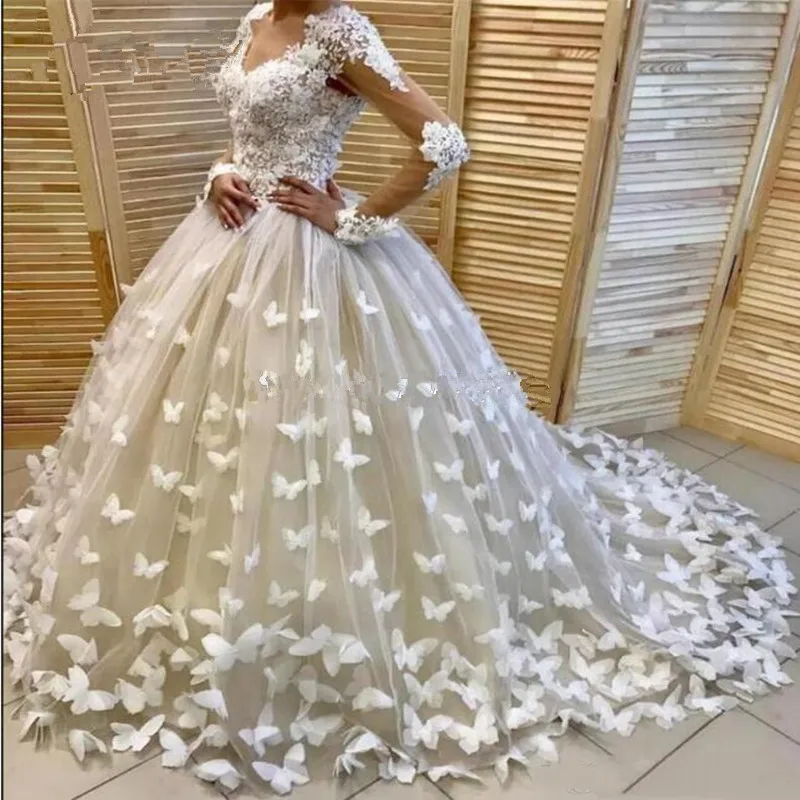 Flower Wedding Dresses Long Sleeves 3D Floral Appliqued Bridal Gown Elegant Custom Made Sweep Train Beach Robe De Mariée