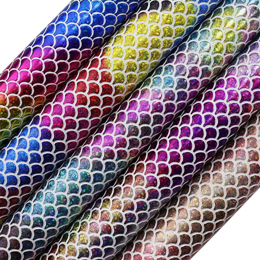 30x134cm Roll Iridescent Mermaid Scales Synthetic Leather Fabric Holographic Faux PU leather For Bag bows DIY BH423