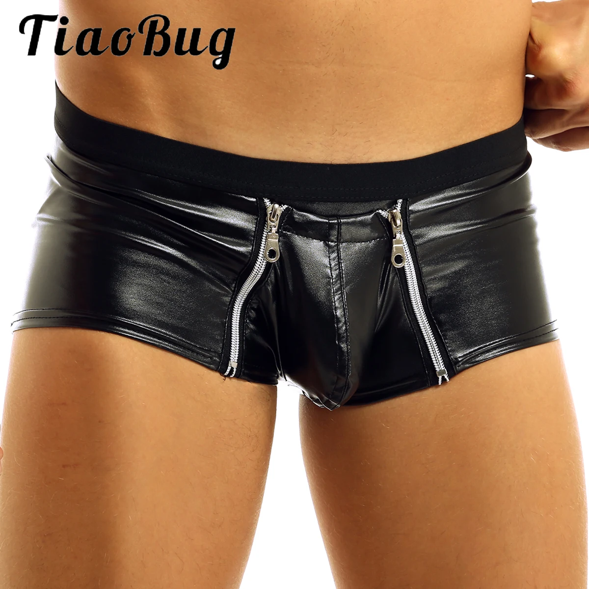 Men Hot Sexy Lingerie Latex Boxer Shorts Bikini Male Zipper Open Pouch Homme Jockstrap Gay Panties Underwear Underpants Clubwear