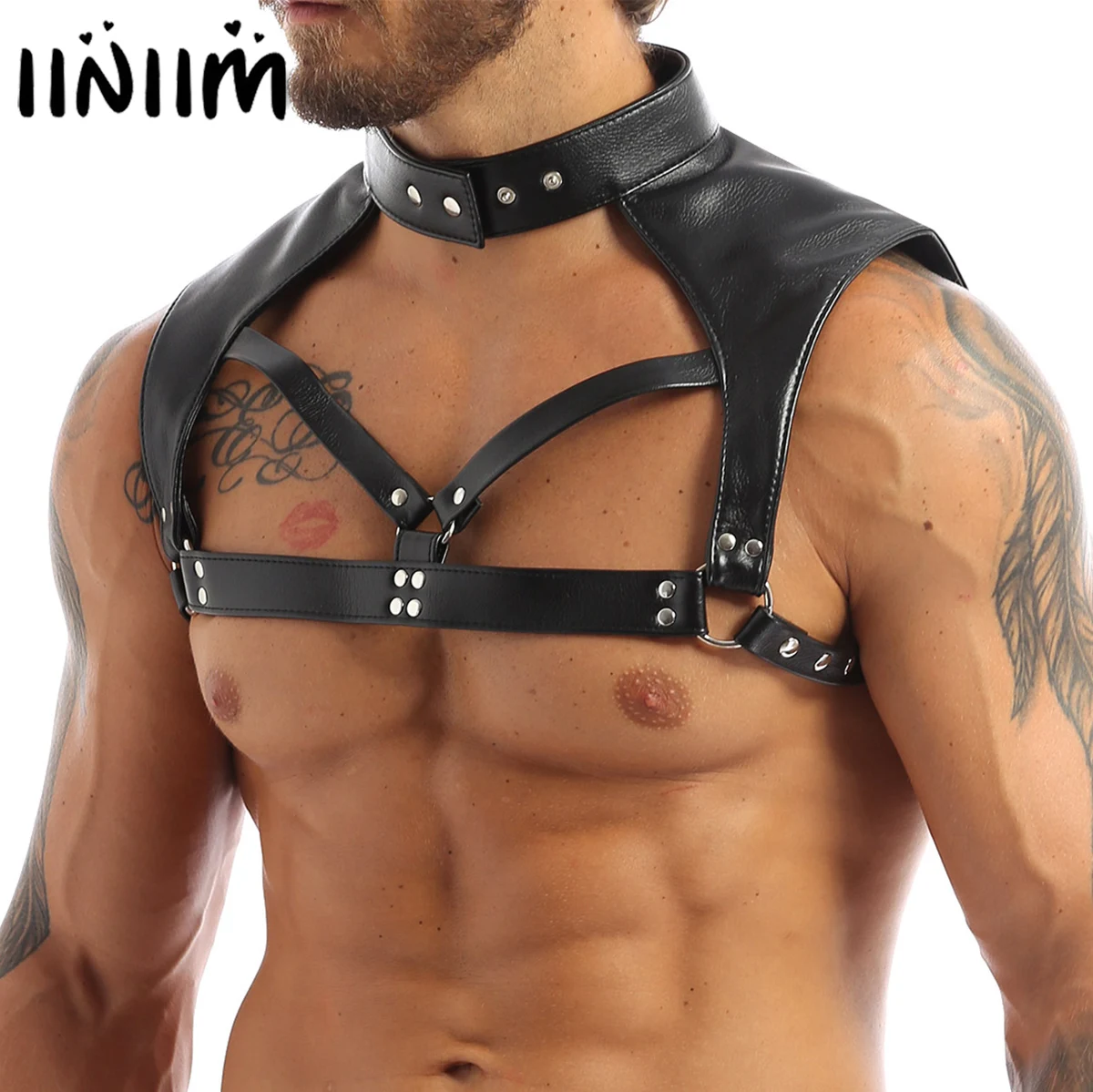 iiniim Fashion Zentai for Men Lingerie Performance Adjustable Body Chest Harness Bondage Costume with Choker Neck Press Buttons