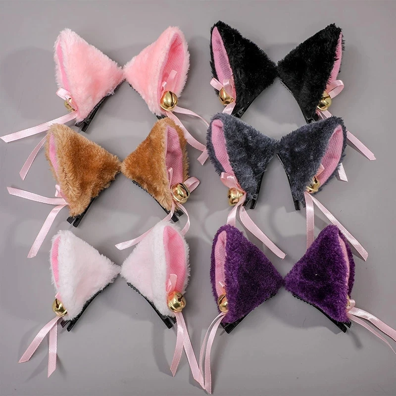 2Pcs/Lot Plush Lolita Cat Ear Hair Clips Sweet Fluffy Ear Cosplay Anime Hair Clips With Bell Party Costume Hair Accessories