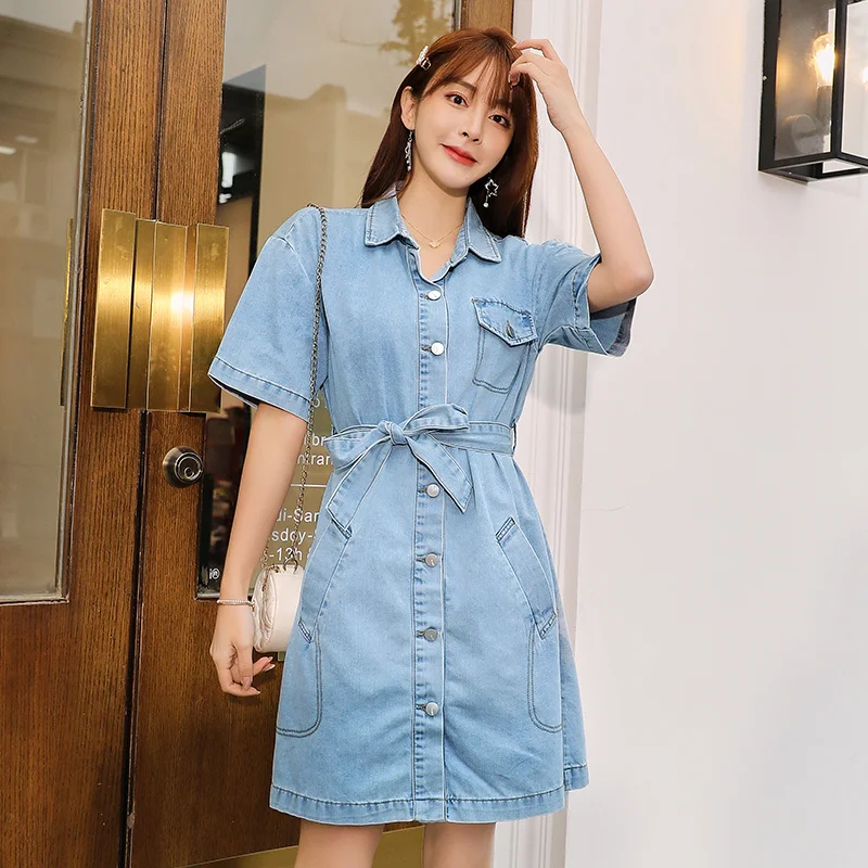 Loose Street Denim Dress Female 2022 Summer Casual Short Sleeve A-Line Dress Pocket Single Breasted Sweet Ladies Dress S-XL