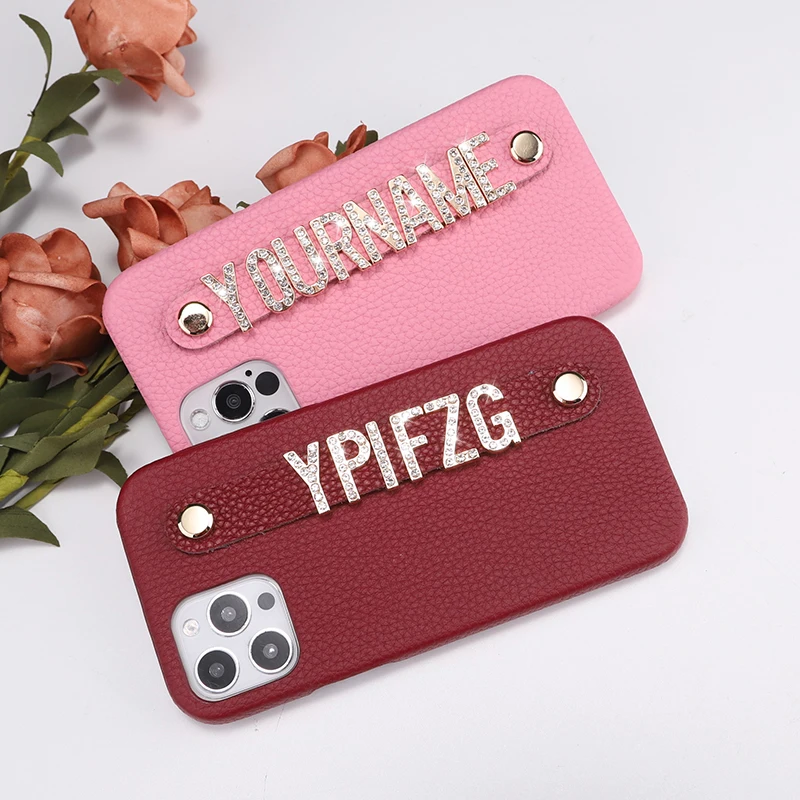 Real Leather Cowhide  Custom Name Phone Case For iPhone15 14 14ProMax 14Plus 13Promax 13 12 11 Diamond Metal Letters Cover Coque