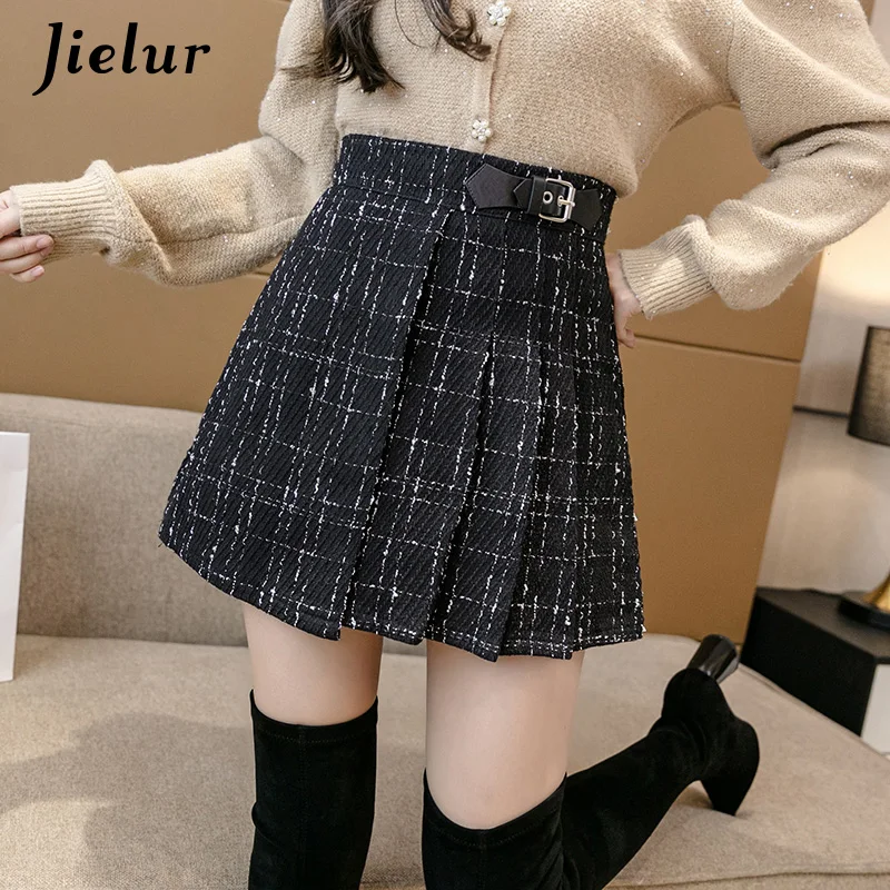 Jielur-女性のためのレトロなプリーツスカート,黒,ハイウエスト,不規則,オフィス用,秋冬コレクション,S-XL