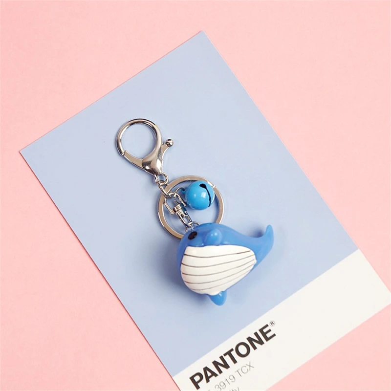 New Cute Three-Dimensional Dolphin Blue Whale Alloy Car Keychain Blue Powder Bell Pendant Men Women Couple Backpack Bag Jewelry