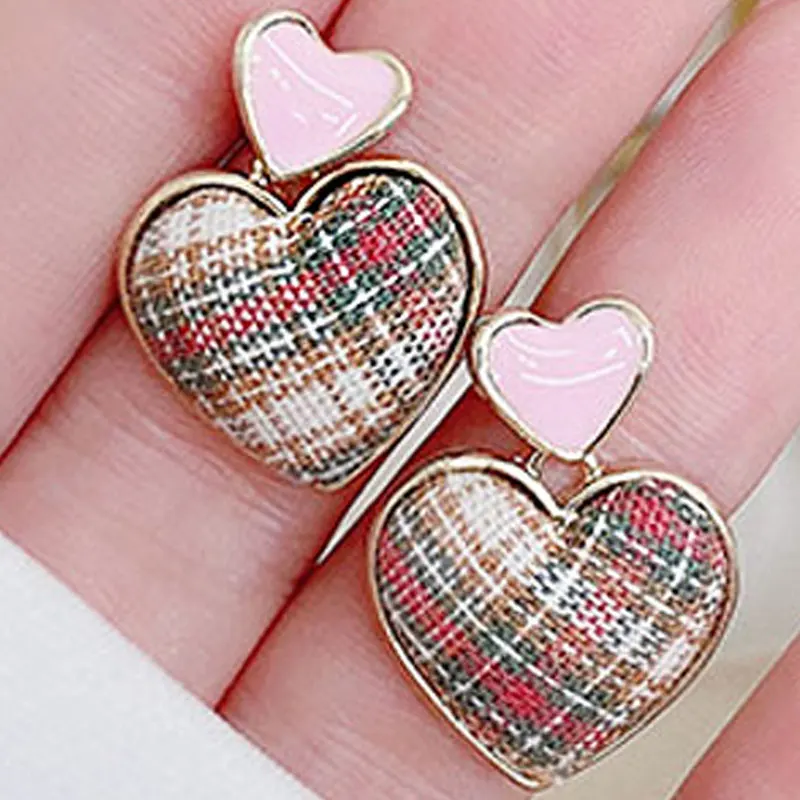 JUWANG Pink Heart Earring Sweet Lattice Pattern Student Temperament Earrings Glamour Cute Elegant Earring Jewelry Pendant Bijoux