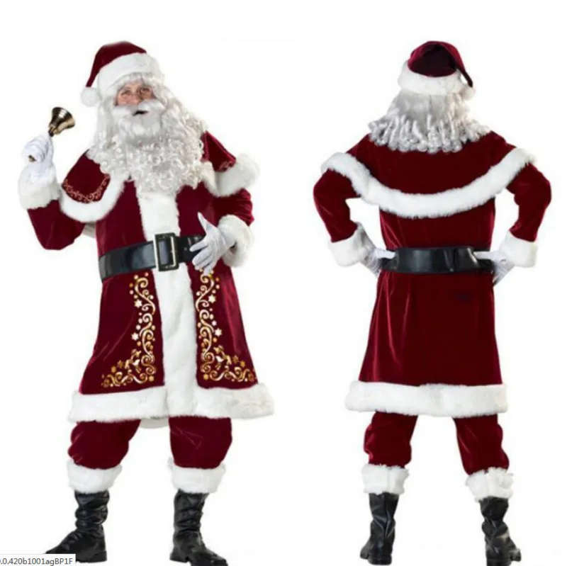 Xmas Santa Claus Suit Adult Christmas Cosplay Costume Red Deluxe Velvet Fancy 9pcs Set Xmas Party Man Costume S-XXL