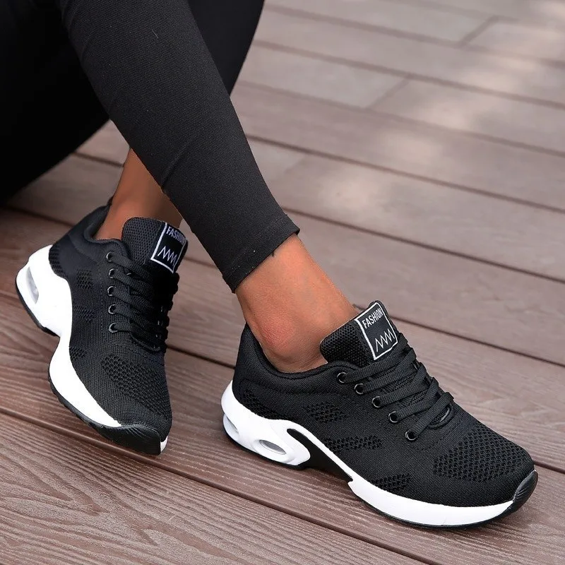 Fashion Women Lightweight Sneakers Ladies Air Cushion Tennis Trainers Female Casual Sports Shoes Breathable Black Platform Shoes