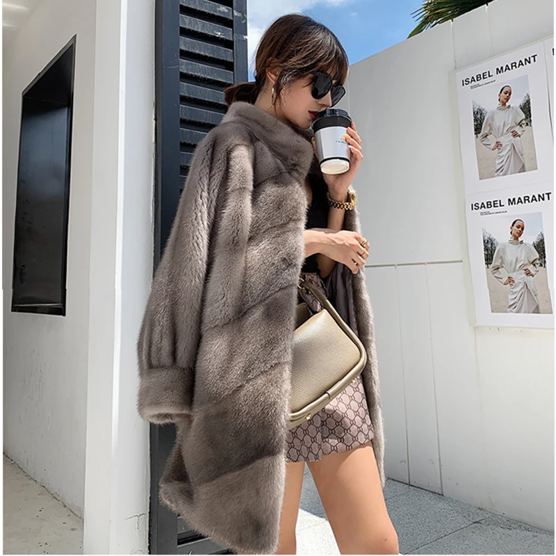 Real Natural Fur Coat for Women, Stand Collar, Whole Female Mink Fur Jacket, Long, Popular, Autumn, Winter, Regular